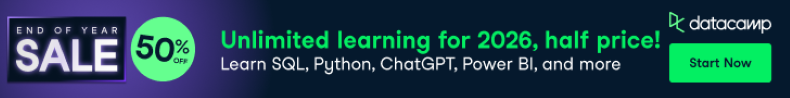 DataCamp End Of Year Sale - 50% Off! Upskill in data science and AI with Python, SQL, PowerBI, Tableau and more