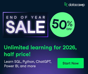DataCamp End Of Year Sale - 50% Off! Upskill in data science and AI with Python, SQL, PowerBI, Tableau and more