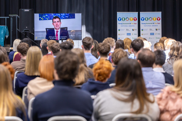 Jack Chambers, Irish Minister for Public Expenditure, Infrastructure, Public Service Reform and Digitalisation addresses the Young Economist of the Year Awards 2025