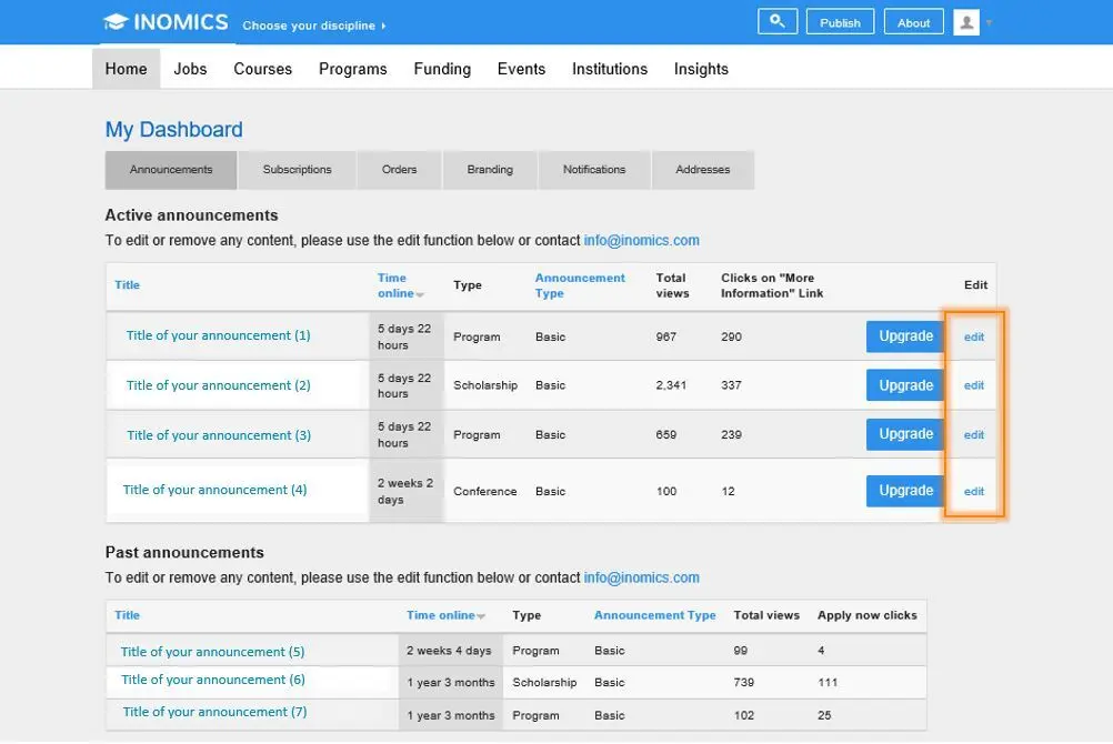 Inside INOMICS - New Feature: Edit your Announcements