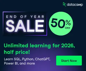DataCamp End Of Year Sale - 50% Off! Upskill in data science and AI with Python, SQL, PowerBI, Tableau and more