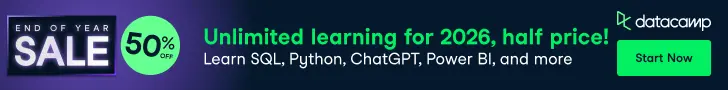 DataCamp End Of Year Sale - 50% Off! Upskill in data science and AI with Python, SQL, PowerBI, Tableau and more